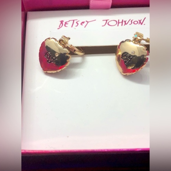 Betsey Johnson heart shaped rhinestones & ruby gemstone‎ dangling earrings new - Picture 5 of 13